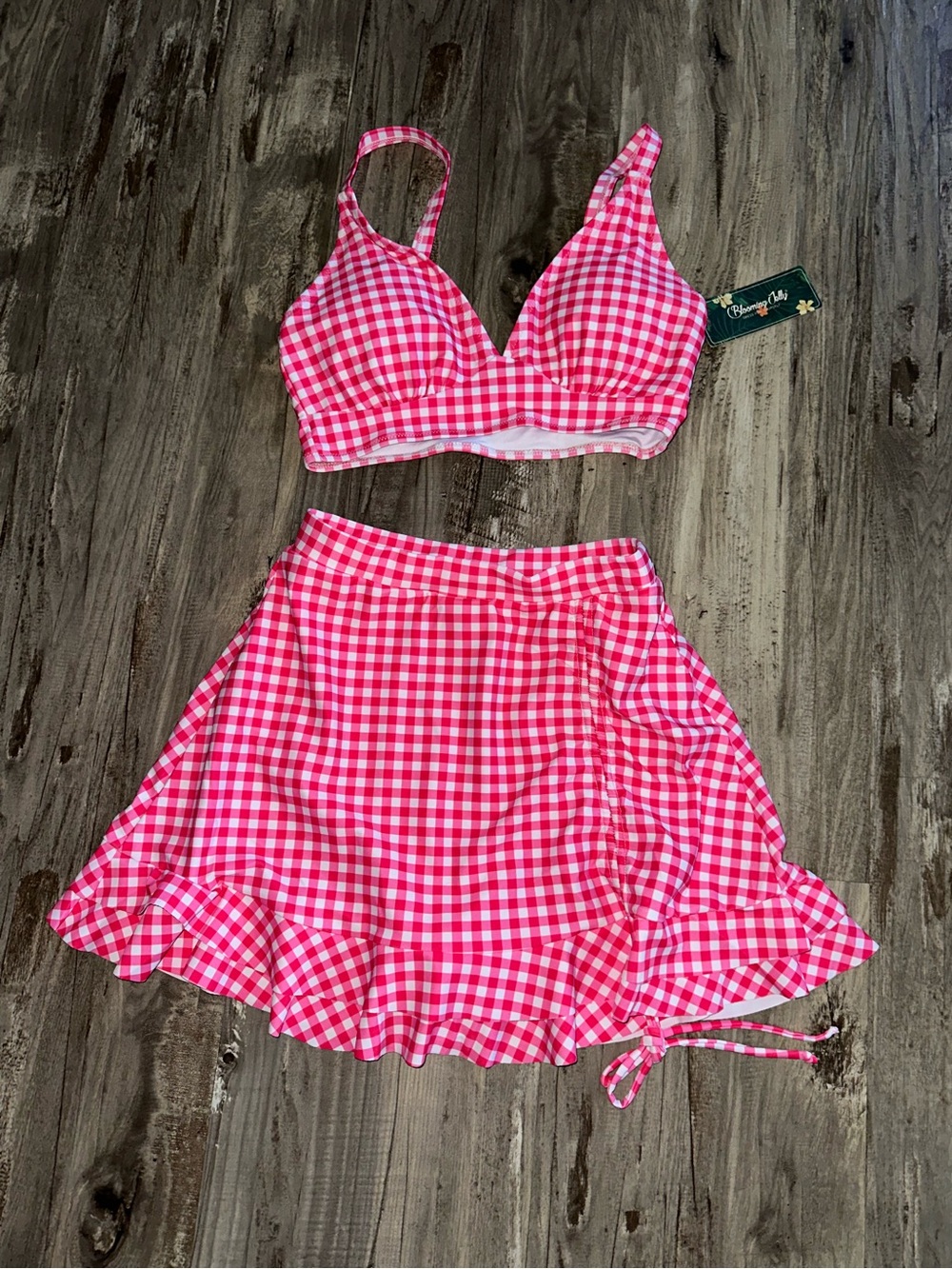 NWT Pink Gingham Bikini Top and Ruffle Skirt Swimsuit Set